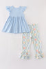 Blue pumpkin embroidery girl ruffle pants set