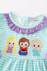 Green stripe princess embroidery girl dress