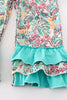 Teal floral print forest animal embroidery 2pc girl jumpsuit set