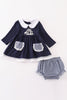 Navy nativity embroidery gingham girl bloomers set