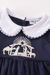 Navy nativity embroidery gingham girl bloomers set