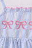 Blue Bow Embroidered Stripe Ruffle Dress