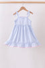 Blue Bow Embroidered Stripe Ruffle Dress