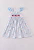 Blue flag embroidery smocked gingham dress