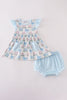 Blue hydrangea bow print ruffle bloomer set