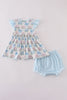 Blue hydrangea bow print ruffle bloomer set