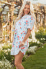 Sky Blue Stripe Floral Pattern Ruffle Short Sleeve Belted Mini Dress