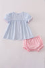 Blue bow embroidery gingham ruffle bloomer set