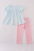 Blue bow embroidery gingham ruffle pants set