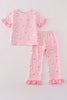 Pink ghost embroidery ruffle pajamas set