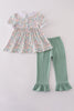 Green floral pumpkin embroidery smocked ruffle pants set