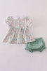 Green floral pumpkin embroidery smocked bloomer set