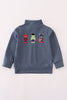 Navy character embroidery zip pull over