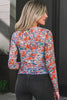 Blue Slim Fit Floral Mesh Long Sleeve Mock Neck Top