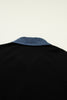 Black Textured Knit Denim Patchwork Button Polo Collar Long Sleeve Top