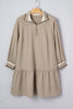 Khaki Stripe Zip up Collared Puff Sleeve Ruffled Plus Size Mini Dress