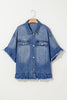 Peacock Blue Ruffled Frayed Short Sleeve Plus Size Denim Jacket