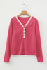 Racing Red Ribbed Texture Contrasted Lace Trim Button V Neck Long Sleeve Top