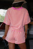 Green Stripe Drop Shoulder Boxy Casual Terry Short Set