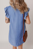 Sky Blue Stripe Frilly Split Neck Shirred Ruffle Sleeve Short Shift Dress