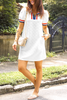 White Textured Jacquard Colorblock Edge Puff Sleeve Quarter Zip Mini Dress