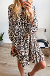 Rose Leopard Print Buttoned Front 3/4 Sleeve Tiered Ruffled Hem Dress