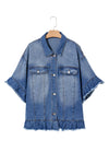 Peacock Blue Ruffled Frayed Short Sleeve Plus Size Denim Jacket