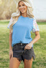 Pink Round Neck Textured Contrast Floral Bubble Sleeve Blouse