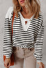 Black Stripe Textured Hooded V Neck Casual Long Sleeve Top