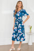 Blue Floral Print Short Puff Sleeve Ruffle Hem Belted Long Dress