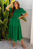 Dark Green Solid Textured Smocked Puff Short Sleeve High Waist Long Dress