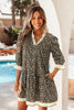 Black Leopard Print Striped Color Block Trim V Neck Bracelet Sleeve Mini Dress
