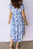 Blue Ruffled Short Sleeve Tiered Floral Midi Dress