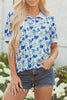 Sky Blue Floral Print Striped Patchwork Collared Short Sleeve Blouse