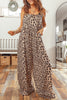 Khaki Leopard Print Square Neck Pleated Wide Leg Jumpsuit