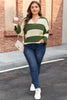 Green Stripe Colorblock Notched Neck Plus Size Sweater