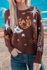 Brown Cowgirl Fashion Print Casual Sweater