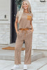 Khaki Stripe Crew Neck Tee Drawstring Waist Cropped Pants Set