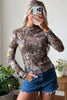 Smoke Gray Floral Print Slim Fit Mesh Long Sleeve Mock Neck Top