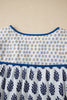 White Plus Size Boho Floral Print Contrast Trim Split Neck Puff Sleeve Patchwork Blouse