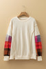 Beige Contrast Plaid Long Sleeve Exposed Seam Patchwork Top