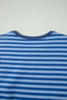 Blue Stripe Striped Ribbed Cotton Two-Piece Short Set with Chest Patch Detail