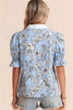 Sky Blue Floral Striped Printed Polo Collar Short Sleeve Blouse