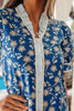 Blue Striped Trim Half Buttons Short Sleeve Floral Dress
