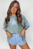 Smoke Green Frayed Denim Star Patched Oversize T Shirt
