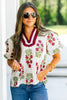 White Floral Short Bubble Sleeve Contrast Slit Neckline Blouse