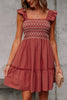 Red Sandalwood Geometric Stitch Shirred Bodice Ruffled Trim Sleeveless Mini Dress