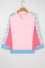 Light Pink Floral Colorblock Patchwork Chest Pocket Notched Neck Long Sleeve Top