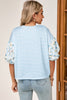 Sky Blue Stripe 3/4 Floral Puff Sleeve Patchwork Drop Shoulder Top