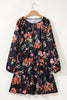 Black Plus Size Floral Print Tie Neck Cinched Waist Long Sleeve Mini Dress
